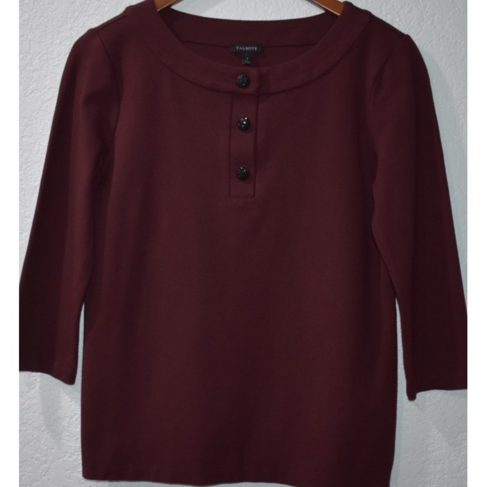 Talbots S Top Pullover Ponte Knit 3/4 Sleeve Stretch Boat‎ Neck Button Detail